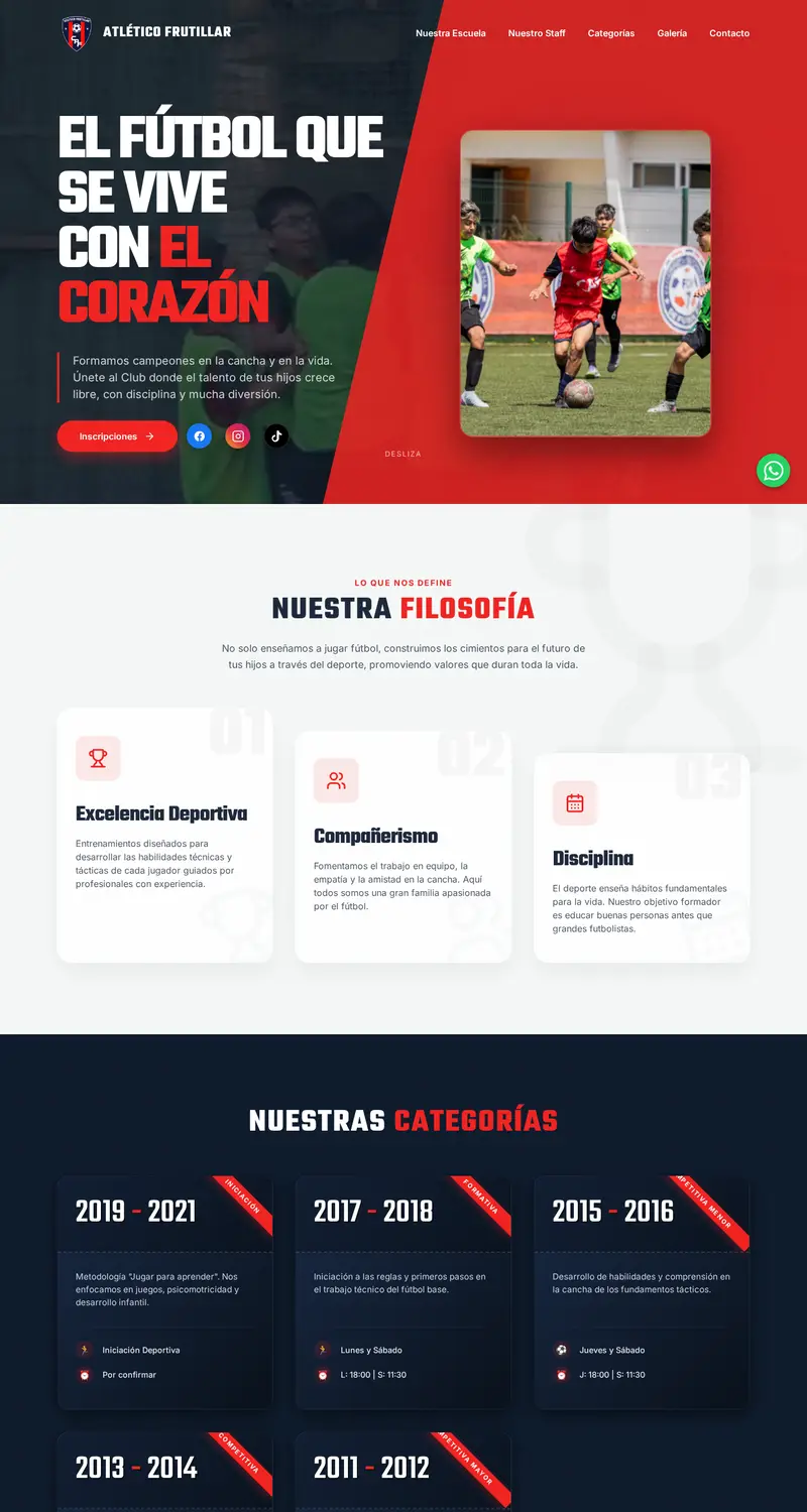Portada del sitio del Club Atlético Frutillar, en rojo y azul, con el botón de inscripciones.