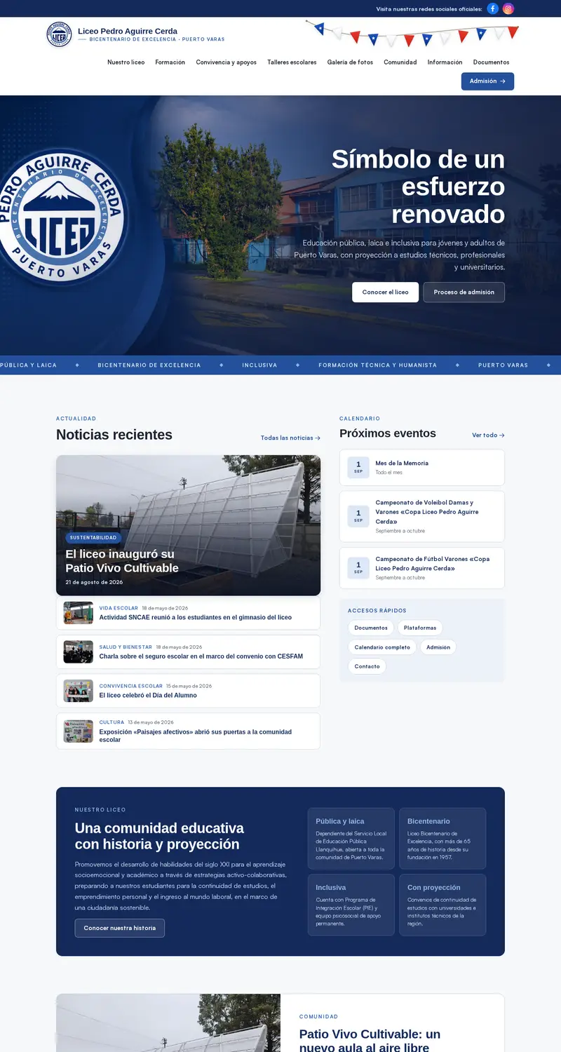 Portada del sitio del Liceo Pedro Aguirre Cerda de Puerto Varas, con accesos a admisión y al liceo.